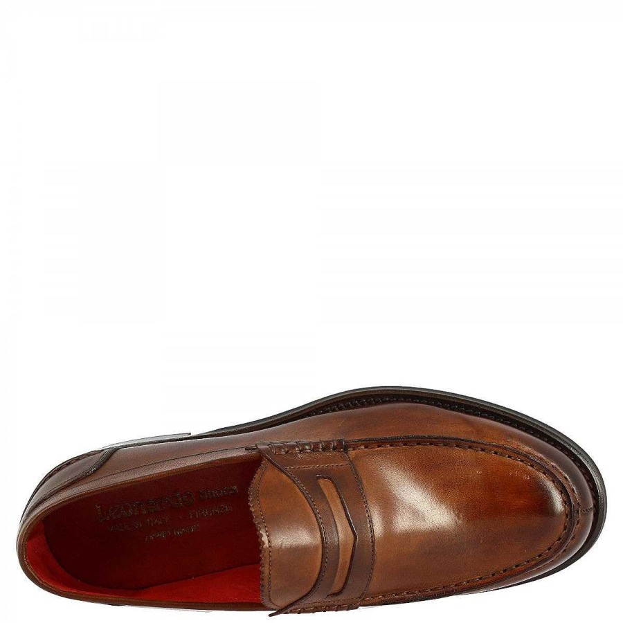 Leonardo Handmade Men'S Formal Slip-On Loafers In Brandy Colored Leather