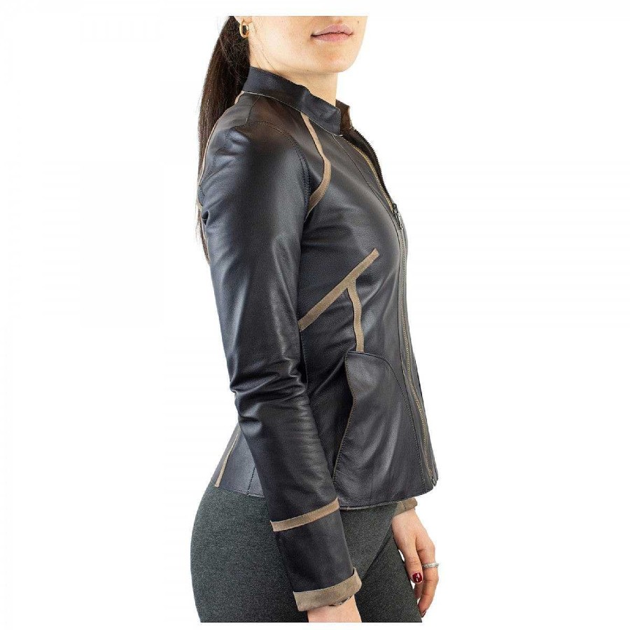 Leonardo Astrid Women'S Reversible Jacket Handmade In Taupe Reindeer Leather And Black Lambskin