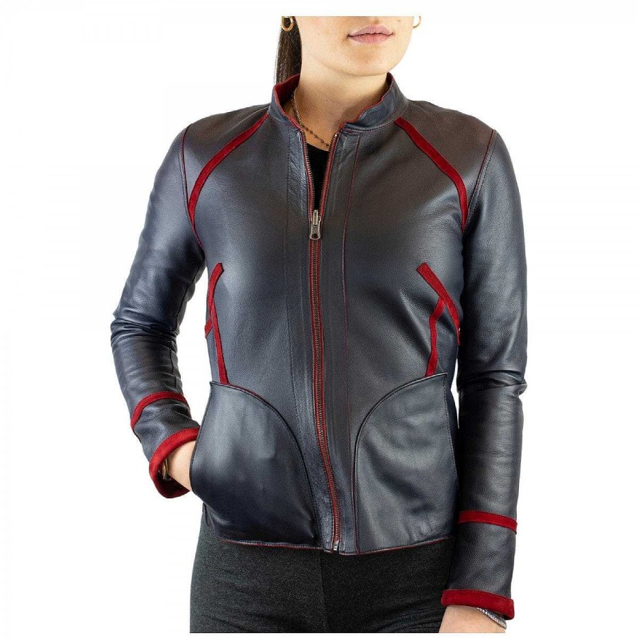 Leonardo Astrid Women'S Reversible Jacket Handmade In Red Reindeer Leather And Black Lambskin