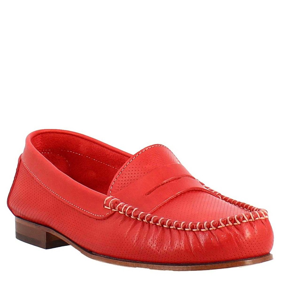 Leonardo Handcrafted Women'S College Loafers In Red Perforated Leather