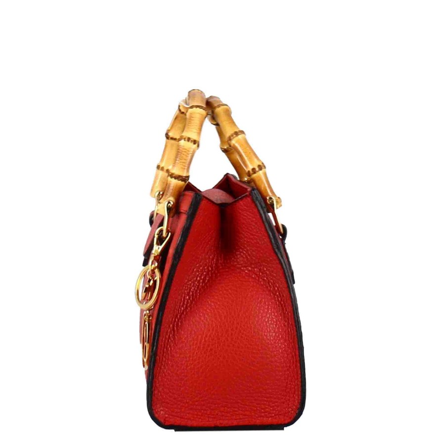 Leonardo Bamboo Women'S Bag In Red Leather With Wooden Handles And Shoulder Strap