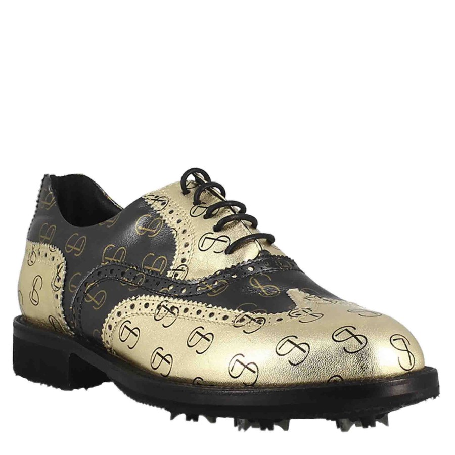 Leonardo Two-Tone Women'S Golf Shoes In Black And Gold Full-Grain Leather