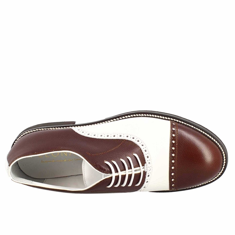 Leonardo Lrp Handcrafted Men'S Golf Shoes In White And Brown Leather With Brogue Details