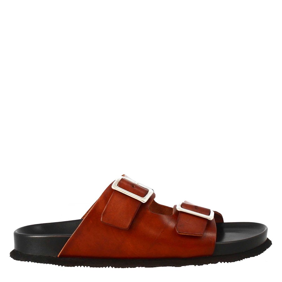 Leonardo Brown Double Buckle Men'S Leather Sandals Open At The Back