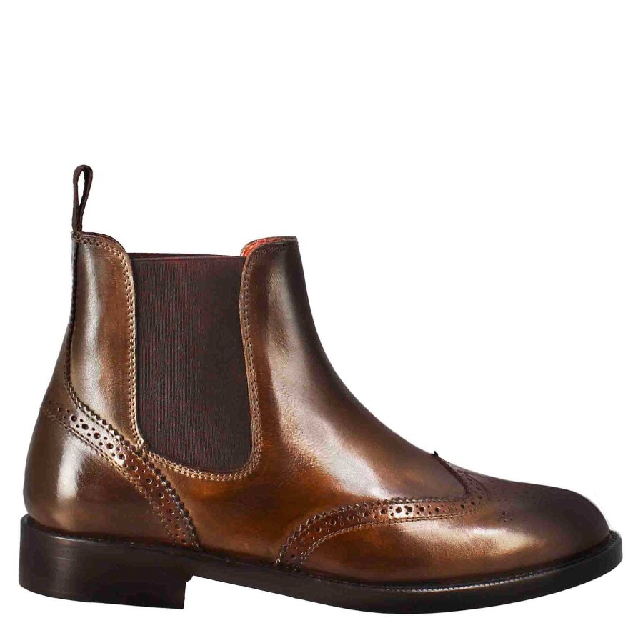 Leonardo Women'S Chelsea Boot With Brogue Details In Dark Brown Leather