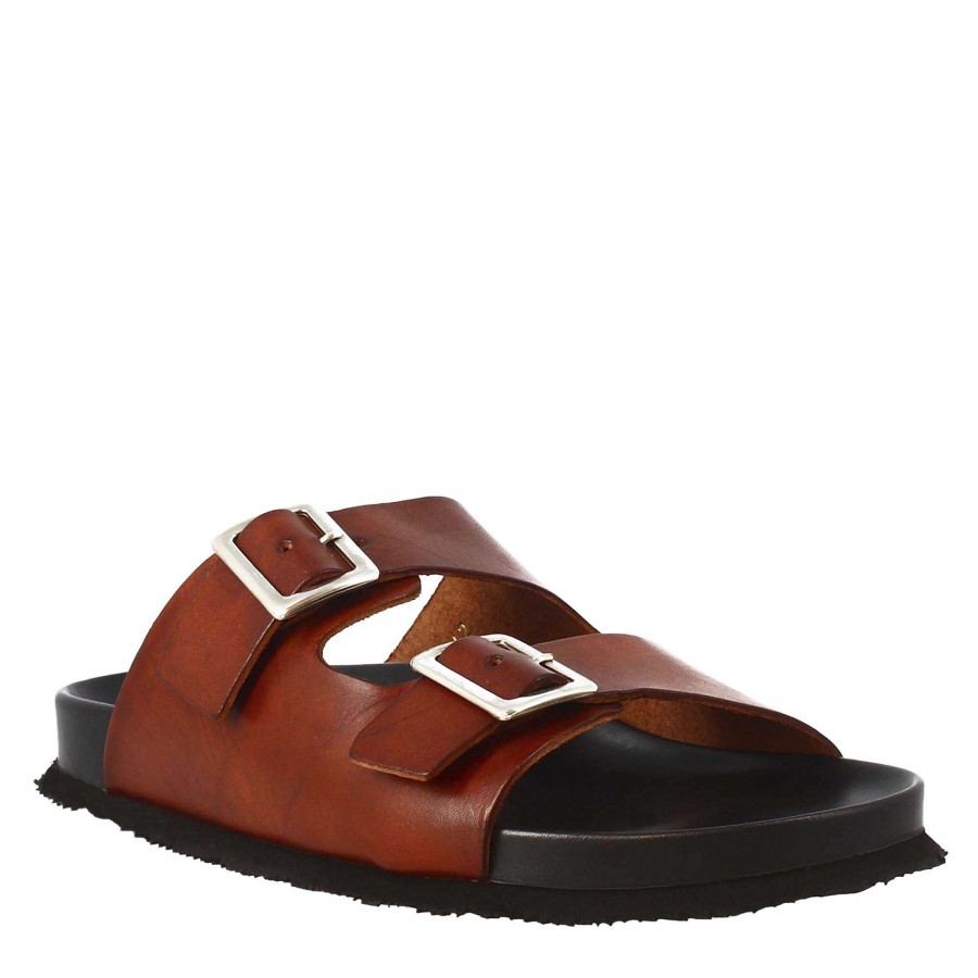 Leonardo Brown Double Buckle Men'S Leather Sandals Open At The Back