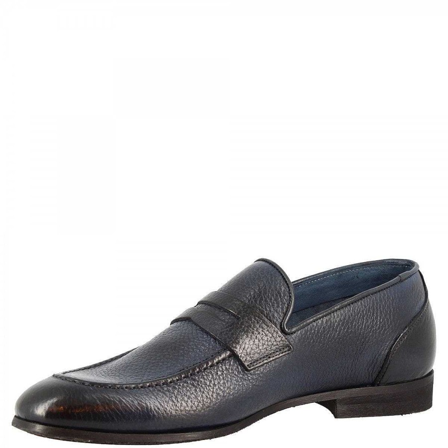 Leonardo Elegant Men'S Loafers With Rounded Toe In Handmade Blue Leather