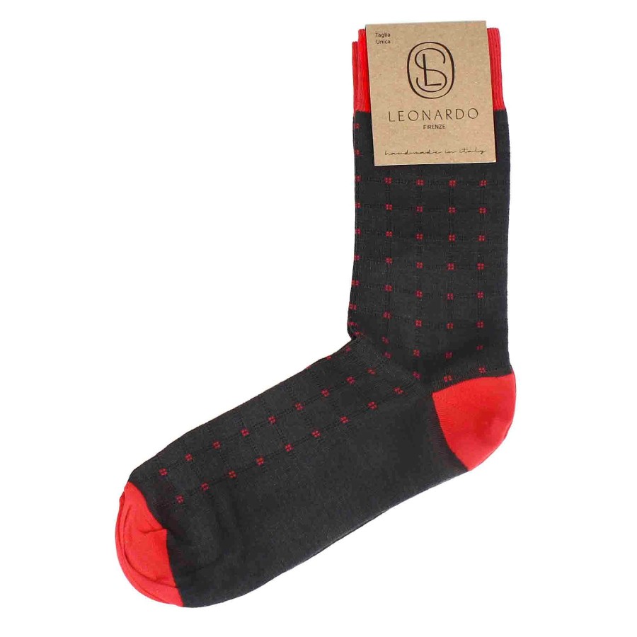 Leonardo Men'S Socks In Gray Cotton With Red Pattern