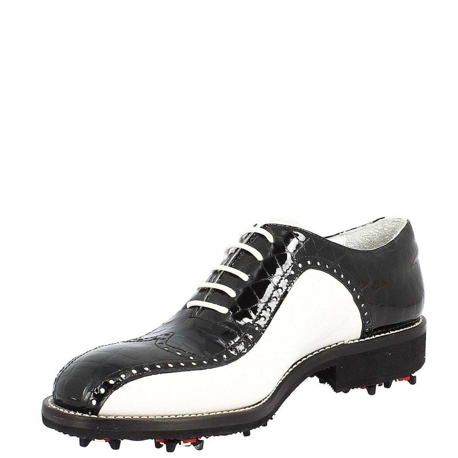 Leonardo Handcrafted Women'S Golf Shoes In White Black Coconut Full Grain Leather