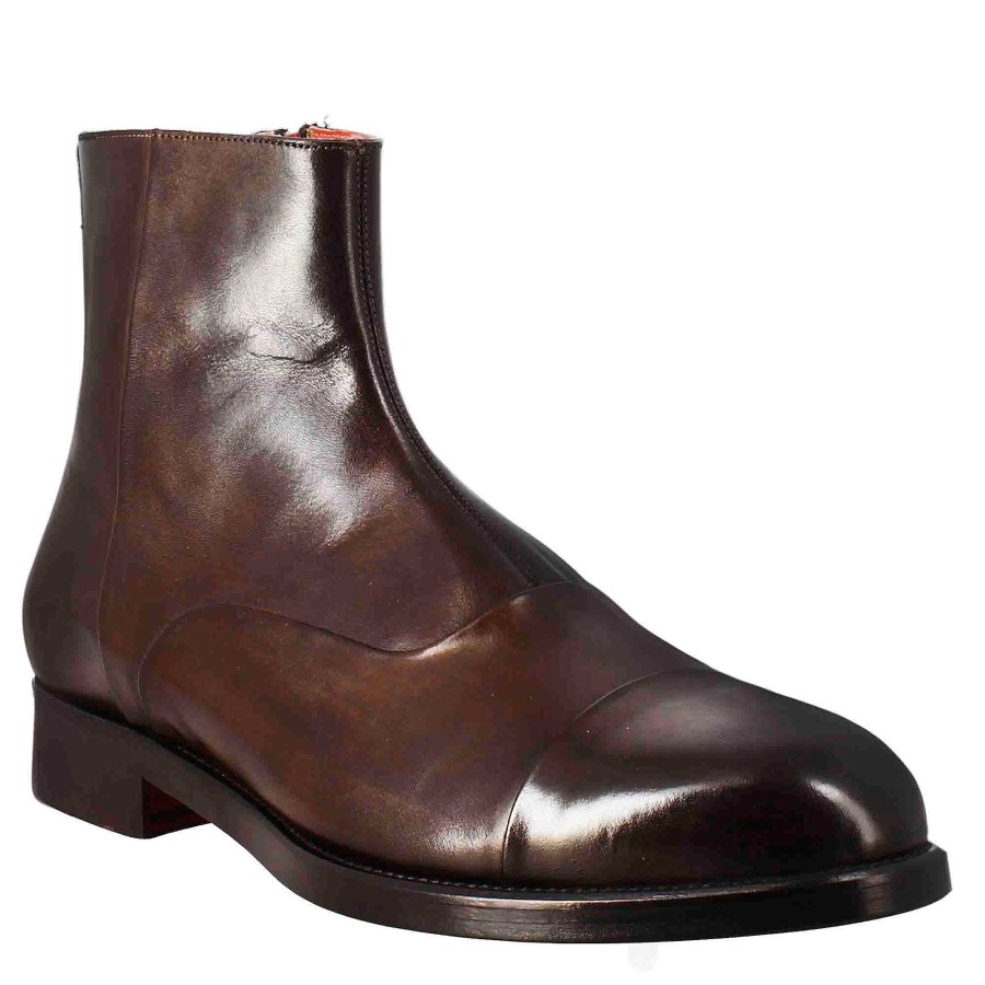 Leonardo High Men'S Ankle Boot In Chocolate-Colored Leather With Zip Closure