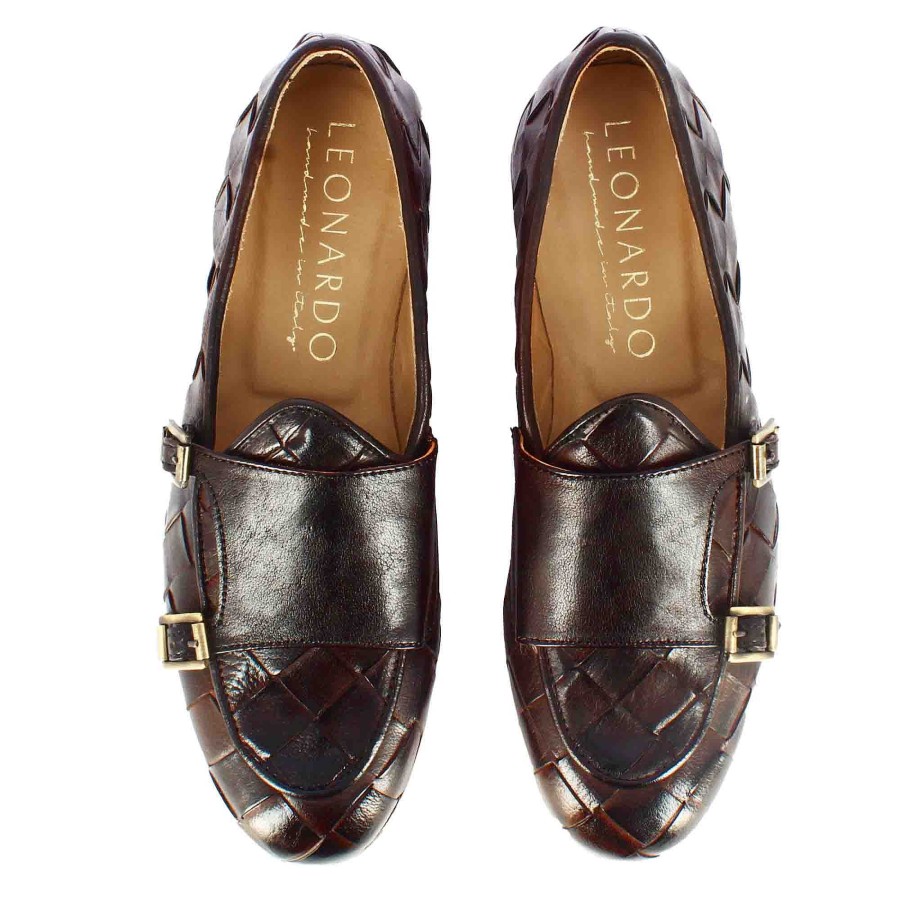 Leonardo Dark Brown Loafer With Double Golden Buckle For Men In Woven Leather