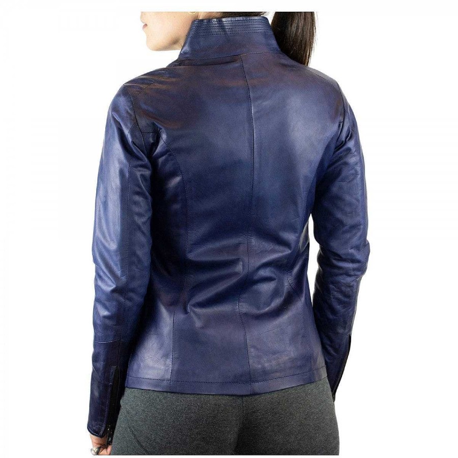 Leonardo Cesira Model Women'S Jacket Handmade In Blue Lambskin