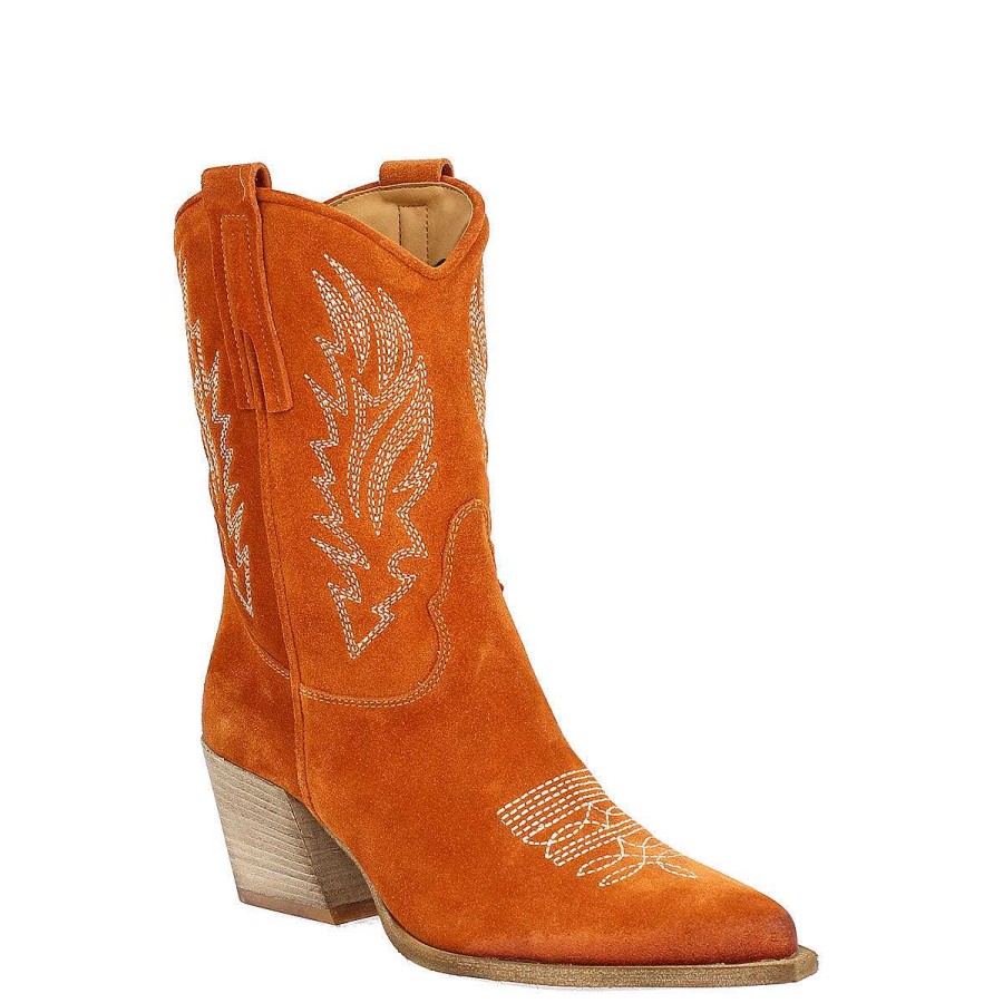 Leonardo Orange Suede Women'S Texan Boot With Embroidery