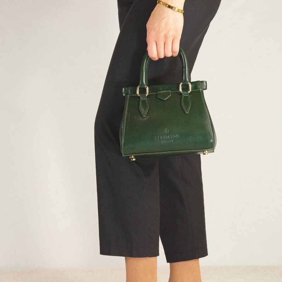 Leonardo Fiorenza Leather Handbag With Removable Green Shoulder Strap