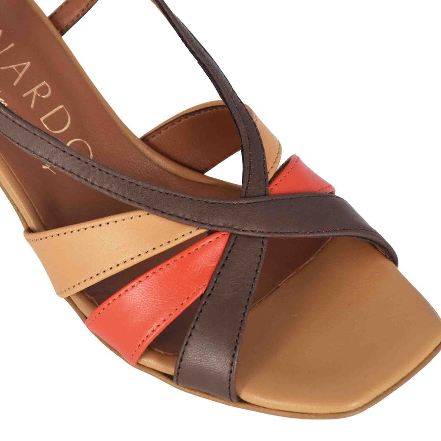 Leonardo Classic Women'S Sandal In Light Brown Leather With Multicolored Bands