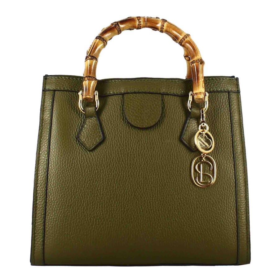 Leonardo Bamboo Women'S Bag In Green Leather With Wooden Handles And Shoulder Strap