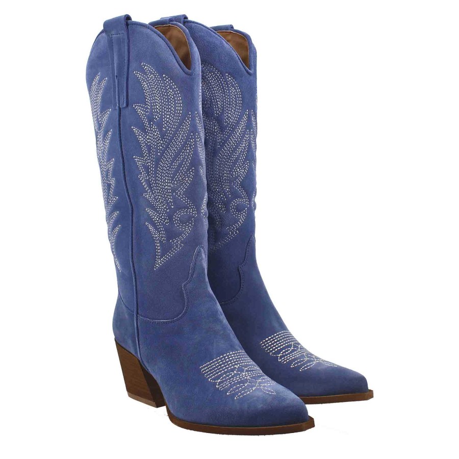 Leonardo Women'S Medium Texan Boots In Blue Suede With Embroidery.