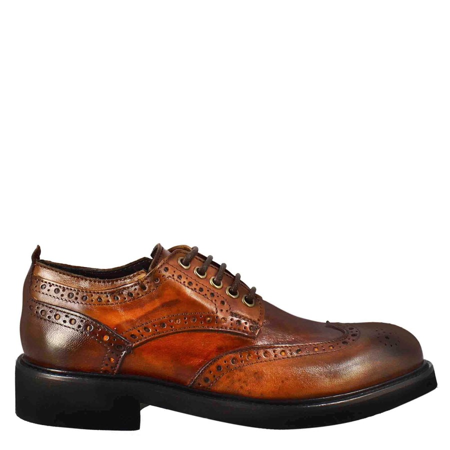 Leonardo Women'S Derby With Paupa Brogue Details In Dark Tan Washed Leather