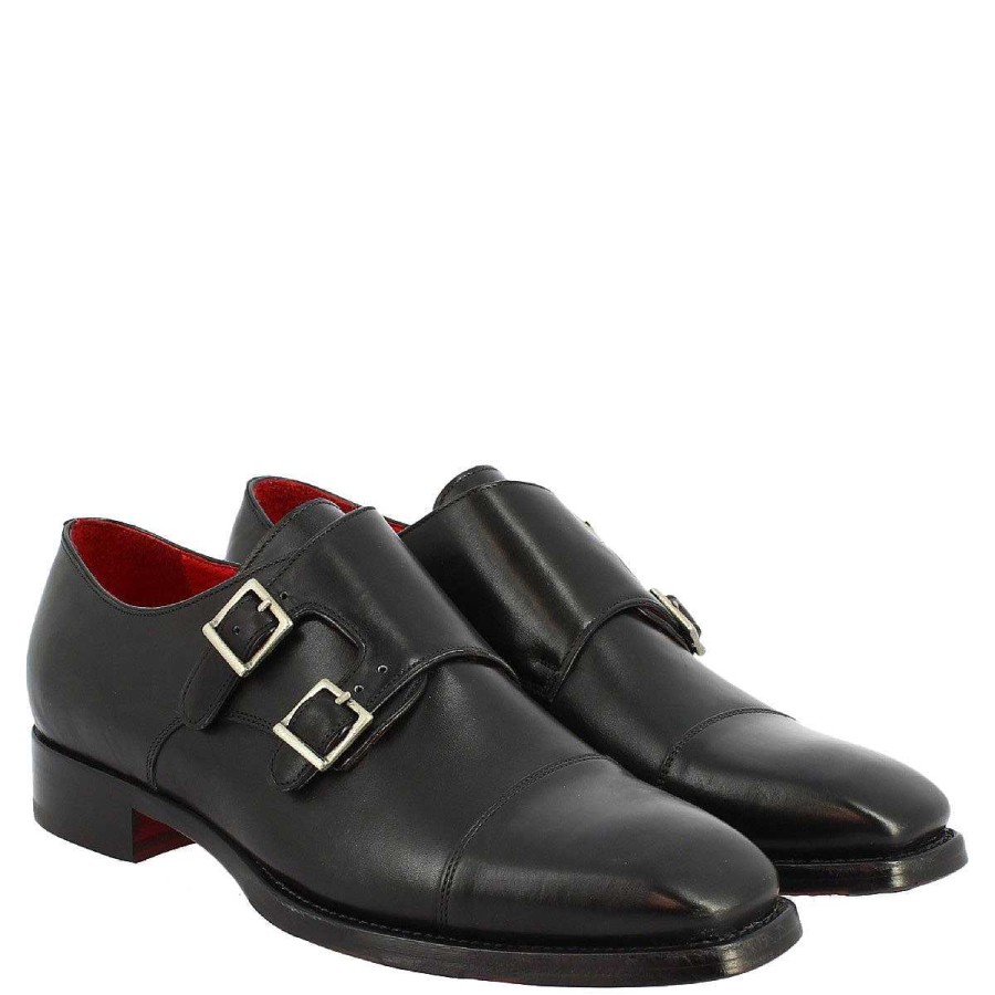 Leonardo Handmade Black Calf Leather Double Buckle Men'S Elegant Shoes