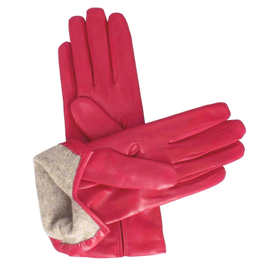 Leonardo Women'S Glove In Smooth Fuchsia Leather With Cashmere Lining