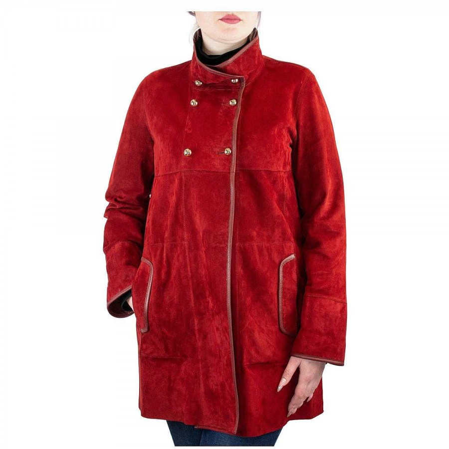 Leonardo Abois Women'S Elegant Reversible Handmade Jacket In Red Reindeer Leather With Buttons