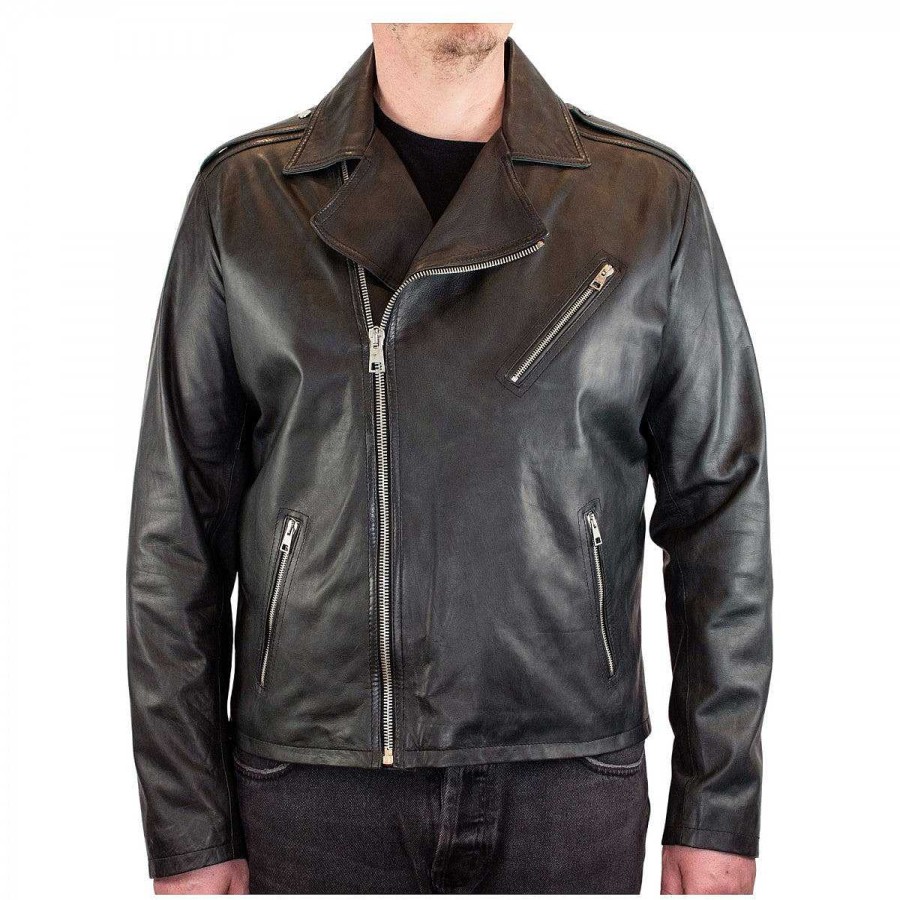 Leonardo Handmade Men'S Riders Jacket In Black Lambskin With Zip Closure