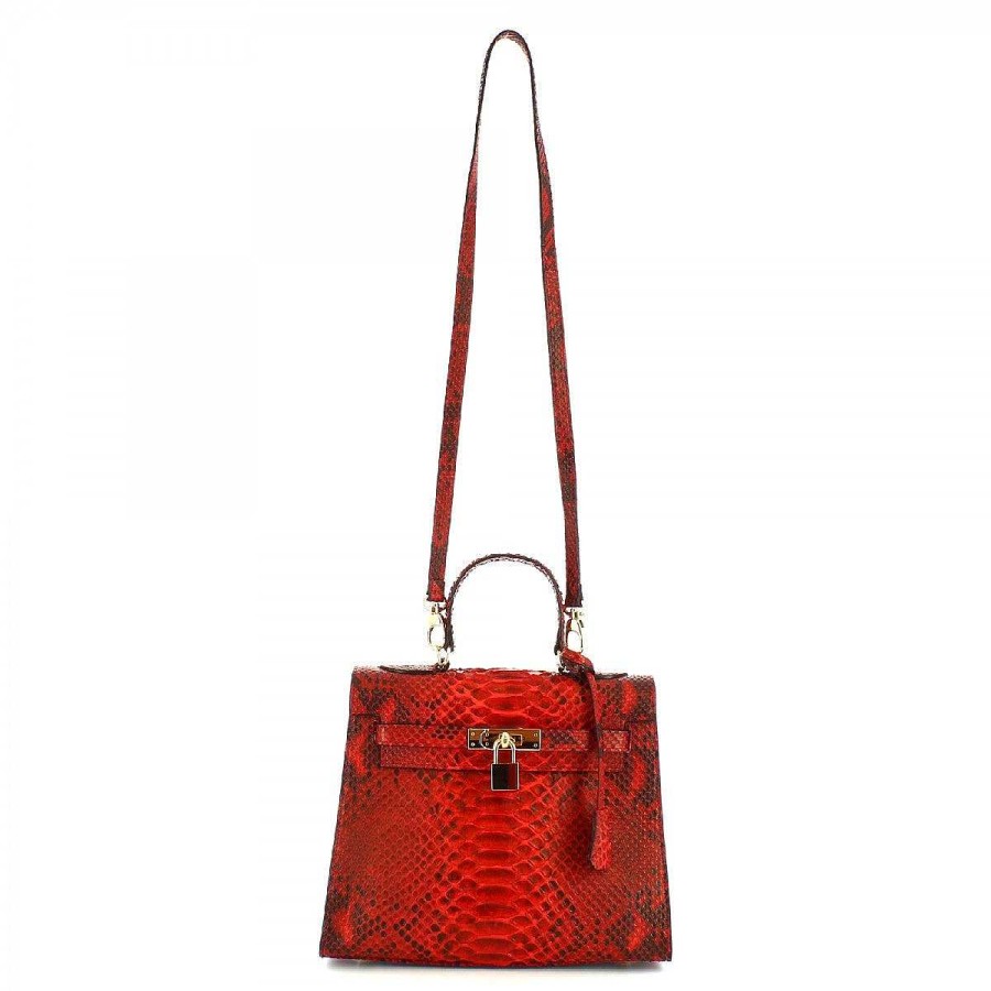 Leonardo Handmade Women'S Handbag With Shoulder Strap In Red Python Leather