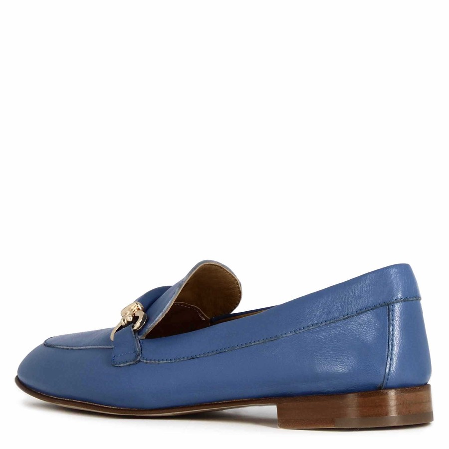 Leonardo Women'S Moccasin With Clamp And Buckle In Handmade Blue Leather