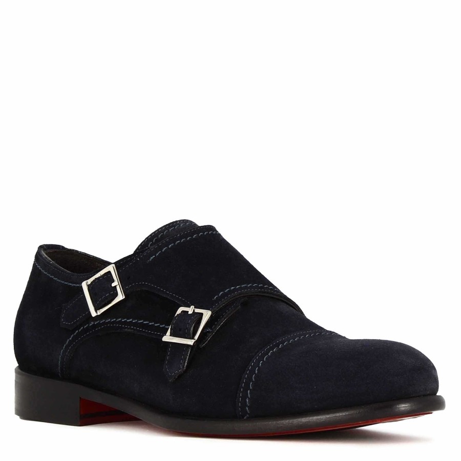 Leonardo Double Buckle Men'S Shoe In Blue Suede