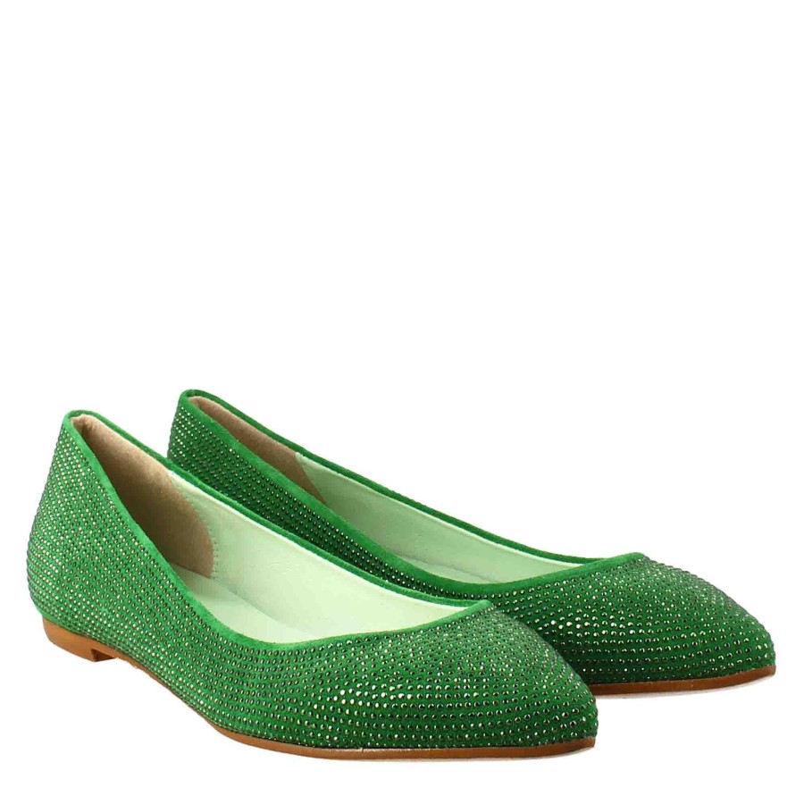 Leonardo Green Women'S Ballerinas In Suede With Rhinestones