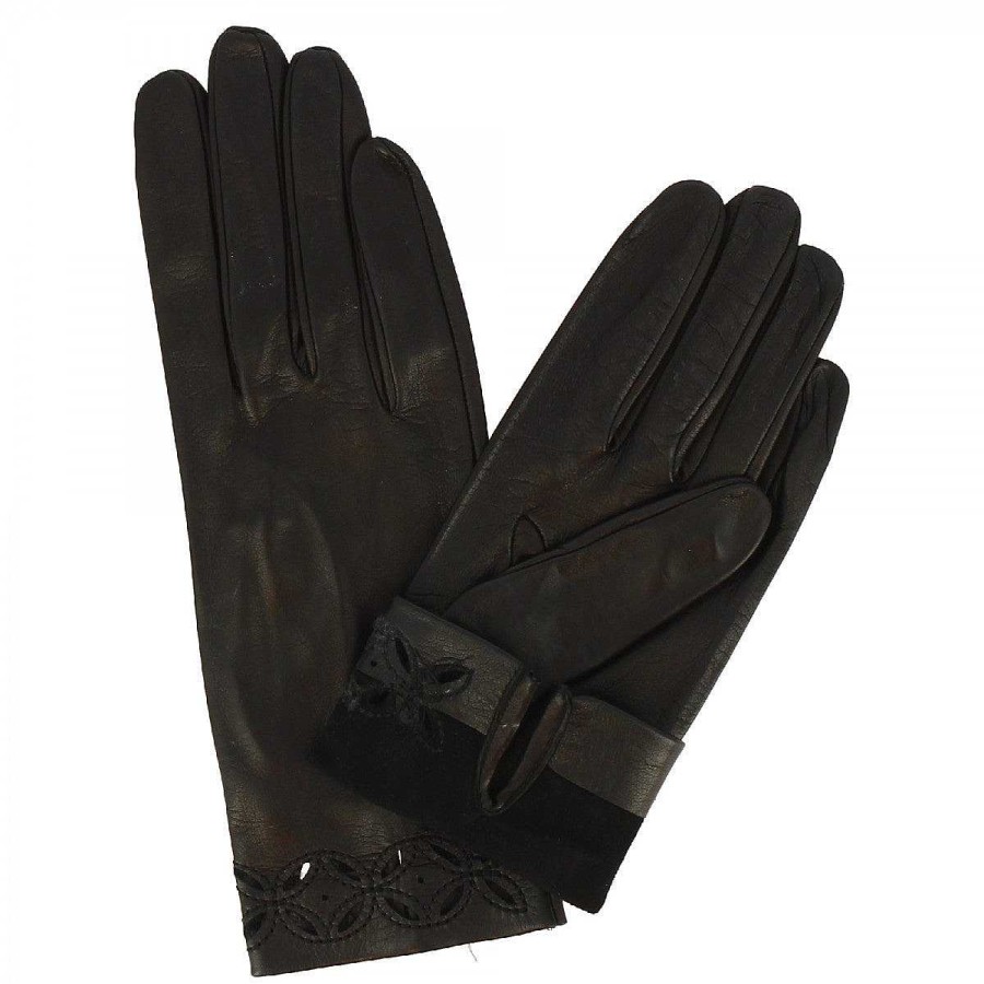 Leonardo Quadrigoflio Handmade Women'S Gloves In Black Nappa With Decoration