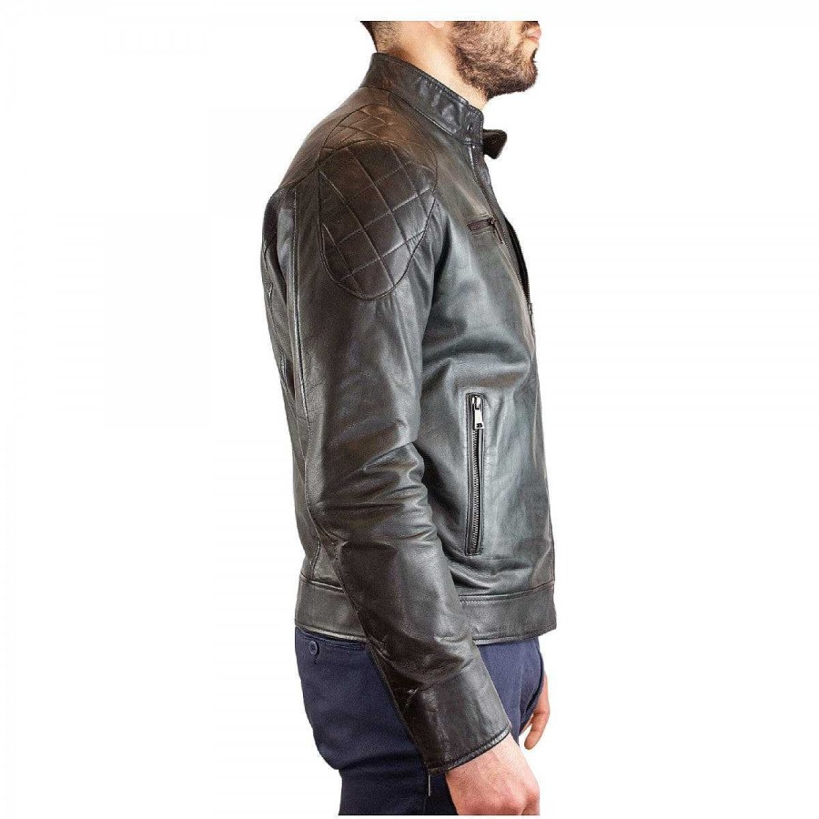 Leonardo Handmade Men'S Figo Model Jacket In Black Leather With Zip