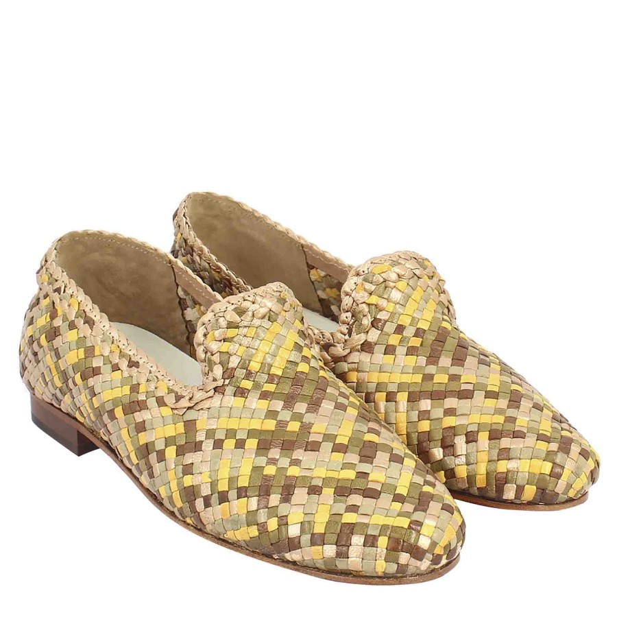 Leonardo Handcrafted Women'S Moccasins In Yellow, Green And Brown Woven Leather