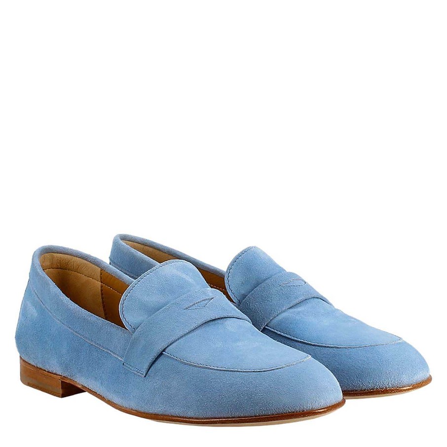 Leonardo Women'S Bag Moccasin In Light Blue Suede