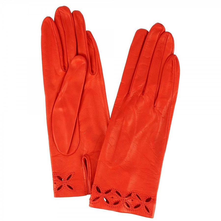 Leonardo Handmade Women'S Quadrifoglio Gloves In Red Nappa With Decoration