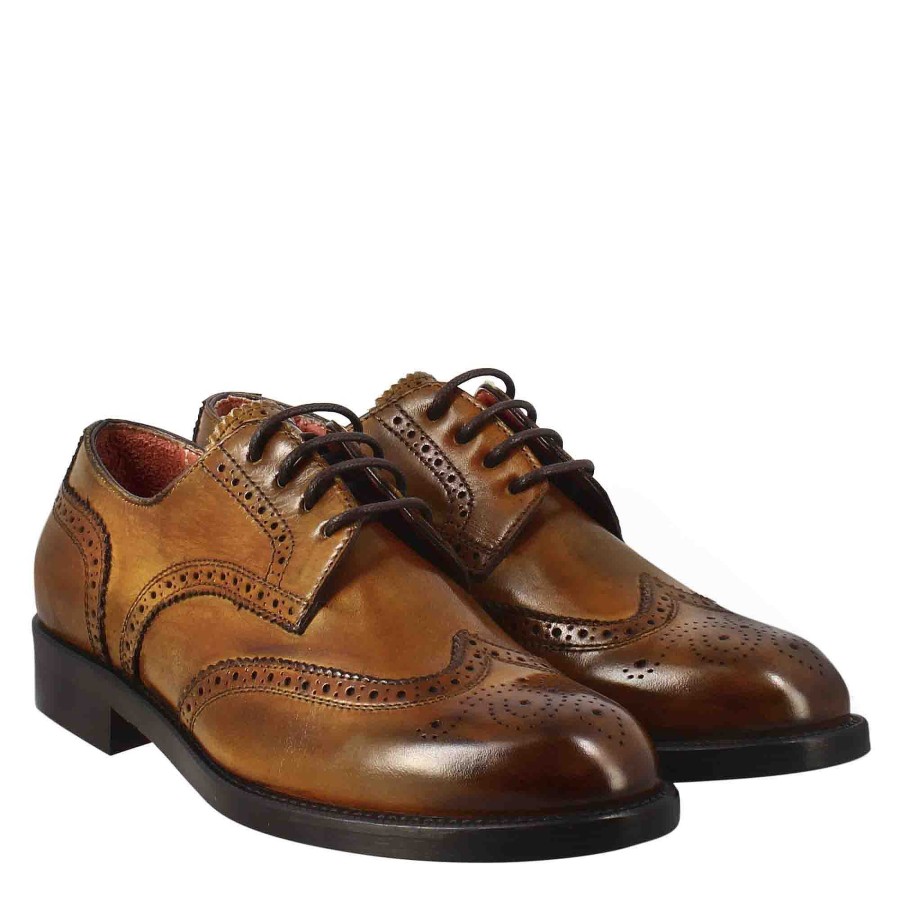 Leonardo Women'S Derby With Brogue Effect In Light Brown Leather