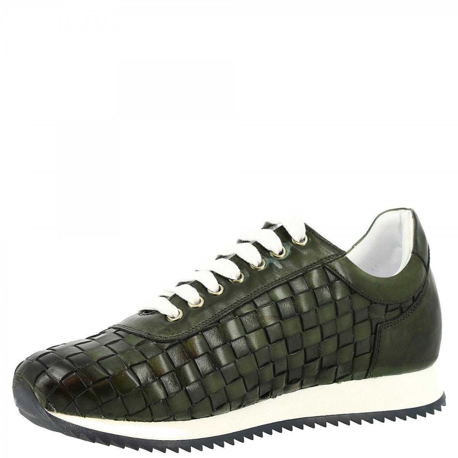 Leonardo Handmade Men'S Casual Sneakers In Green Woven Leather