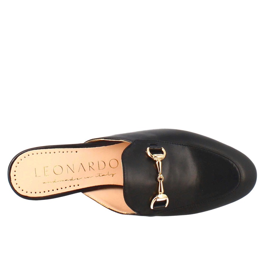 Leonardo Handcrafted Women'S Horsebit Mules Shoes In Black Leather.