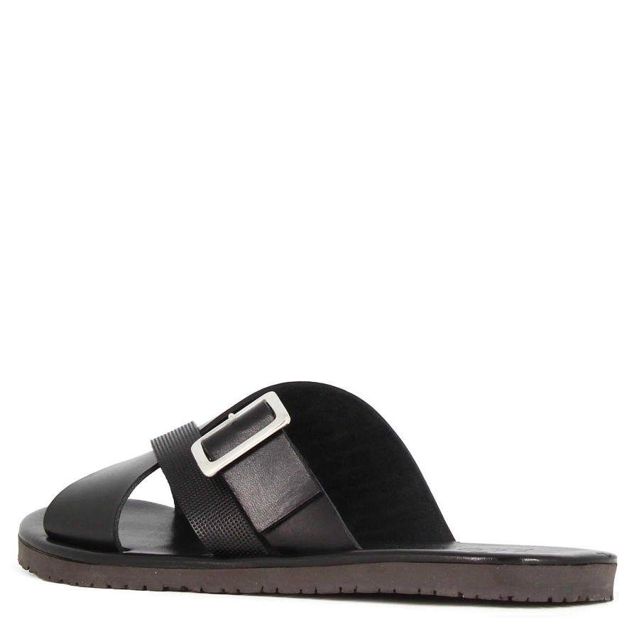 Leonardo Men'S Black Leather Slider Sandal With Buckle