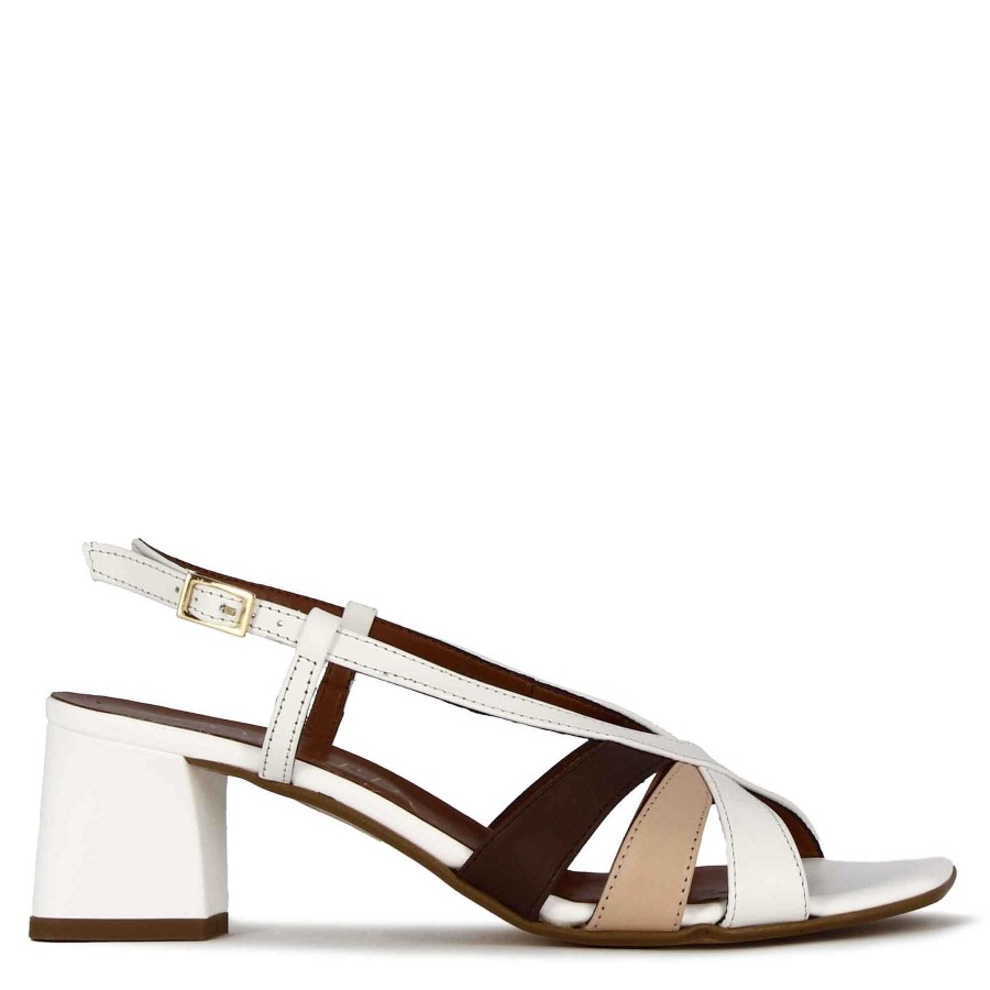 Leonardo Classic Women'S Sandal In White Leather With Multicolored Bands