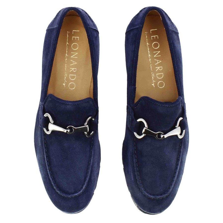 Leonardo Men'S Moccasin In Blue Suede With Silver-Coloured Clamp