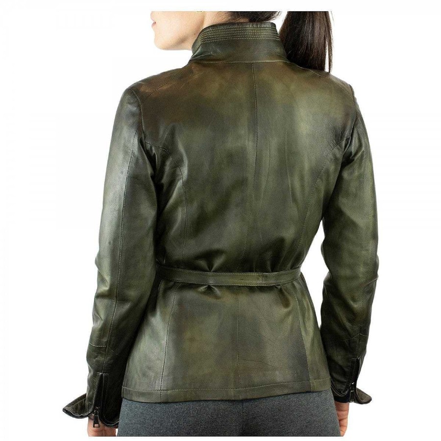 Leonardo Cesira Model Women'S Handmade Jacket In Military Green Lambskin With Belt