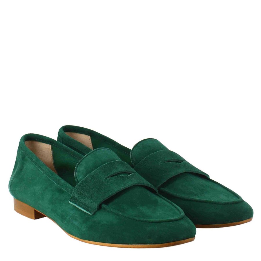 Leonardo Handmade Green Suede Women'S Moccasin.