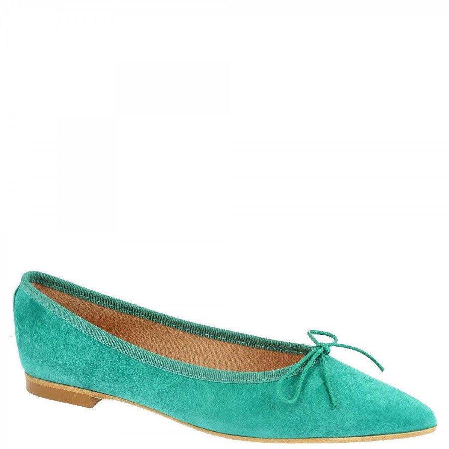 Leonardo Handmade Women'S Pointy Slip-On Ballet Flats In Turquoise Suede Leather