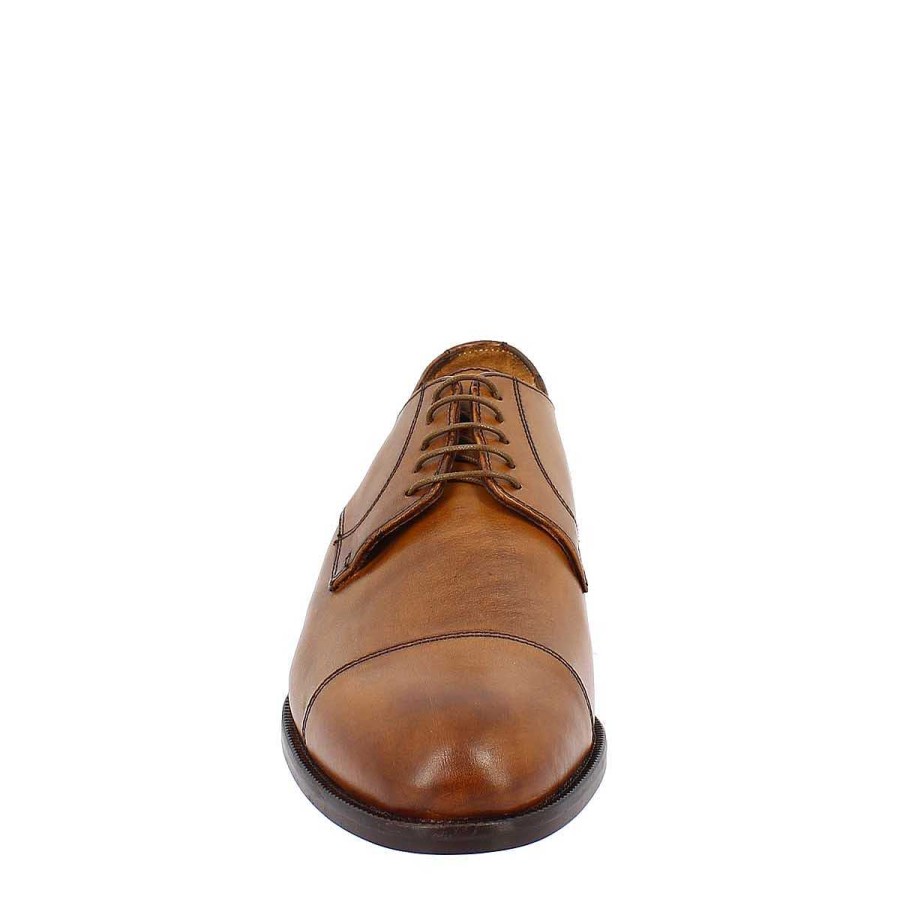 Leonardo Brown Men'S Derby Lace-Up Shoe In Genuine Leather With Toe Cap