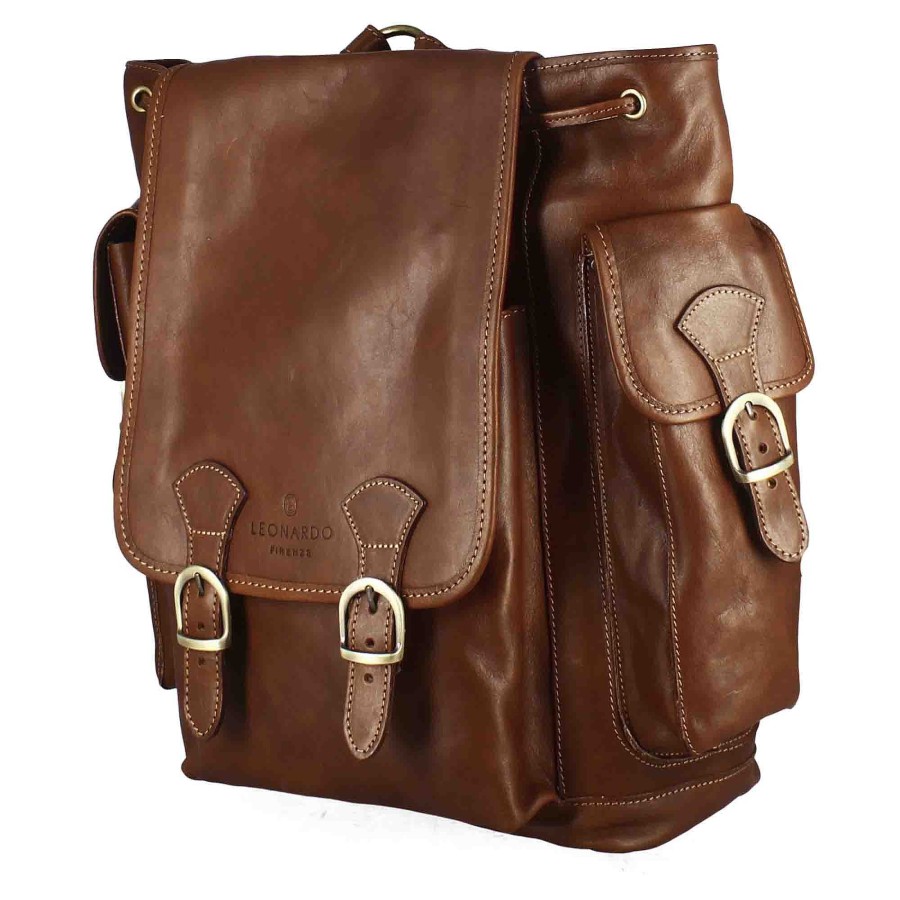 Leonardo Multi-Pocket Men'S Backpack In Full-Grain Leather With Brown Buckle Closure