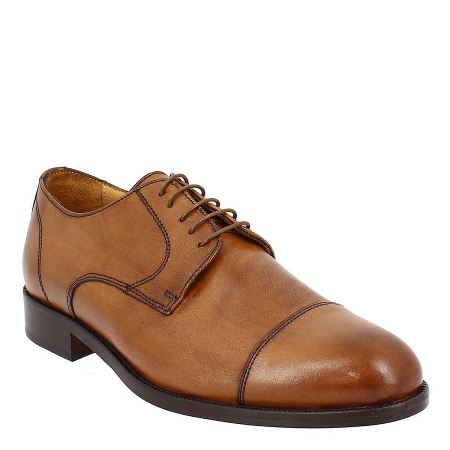 Leonardo Brown Men'S Derby Lace-Up Shoe In Genuine Leather With Toe Cap