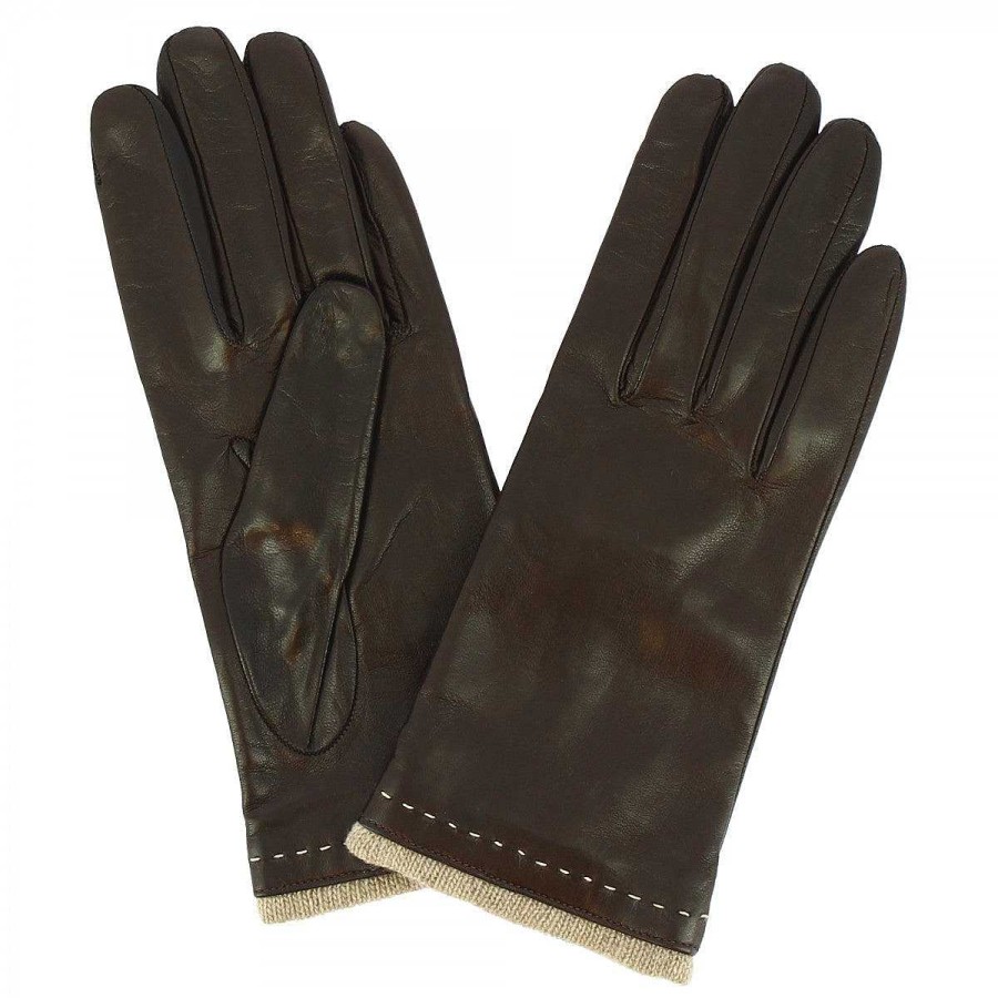 Leonardo Handmade Decorated Women'S Gloves In Dark Brown Nappa Leather