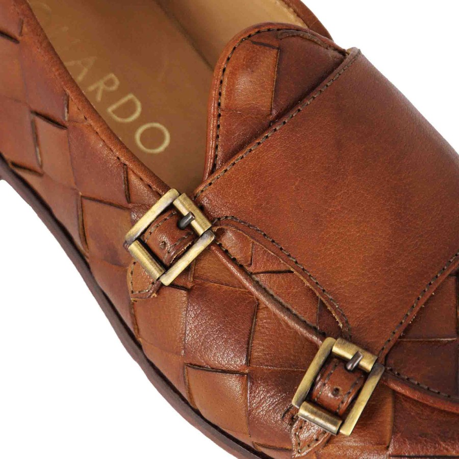 Leonardo Brown Loafer With Double Golden Buckle For Men In Woven Leather