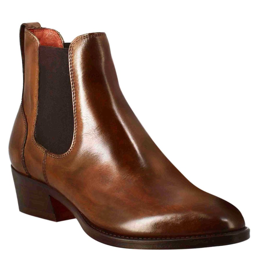 Leonardo Smooth Women'S Chelsea Boot With Medium Heel In Brown Leather